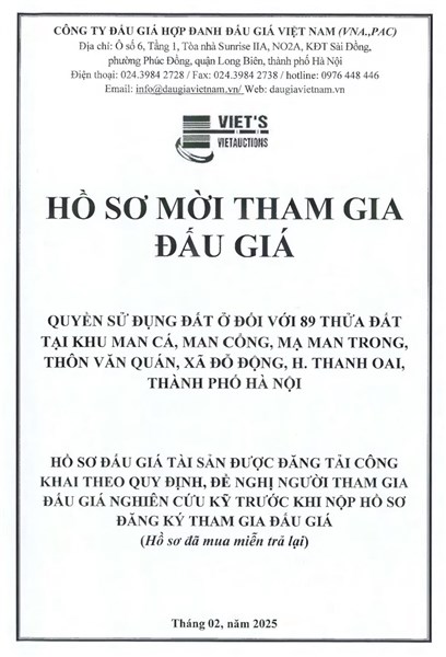 Thông báo đấu giá với 89 thửa đất (đợt 1) tại khu Man Cá, Man Cổng, Mạ Man Trong, thôn Văn Quán, xã Đỗ Động, huyện Thanh Oai, TP Hà Nội